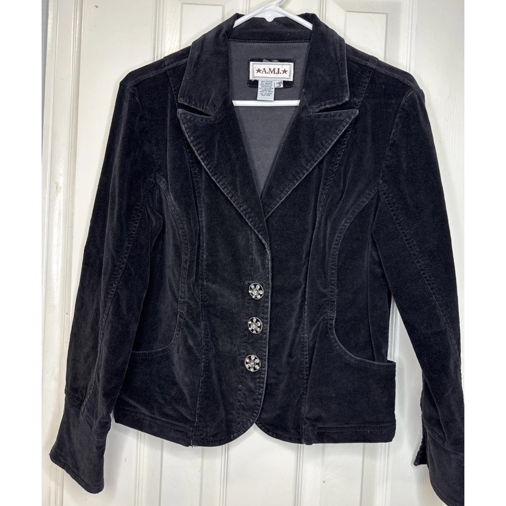 Y2K AMI‎ Corduroy Trucker Jacket Womens Black With Embellished Buttons  PL